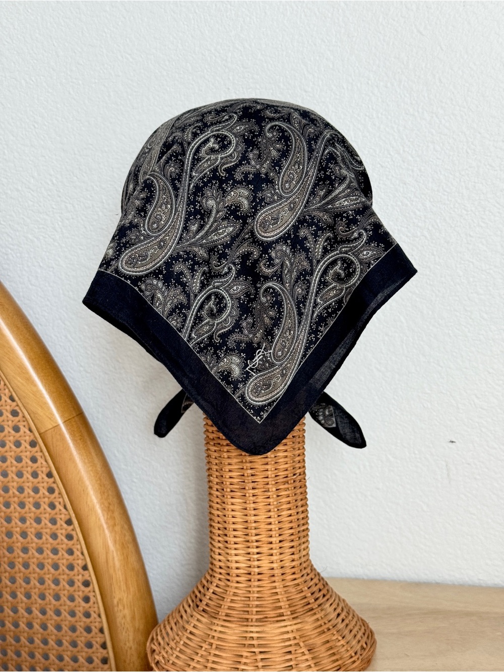 Vintage YSL Black Paisley Cotton Bandana Scarf Made in Japan - Picture 4 of 8